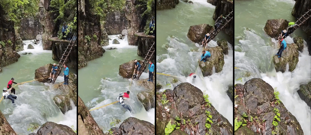 Series of images depicting the Shirenxia incident, showing the progression of events: a person slipping and falling while hanging onto a rope, followed by their struggle to regain balance as they are caught by the swift current. The final image captures the individual being swept away by the rushing water, highlighting the intensity and danger of the situation.