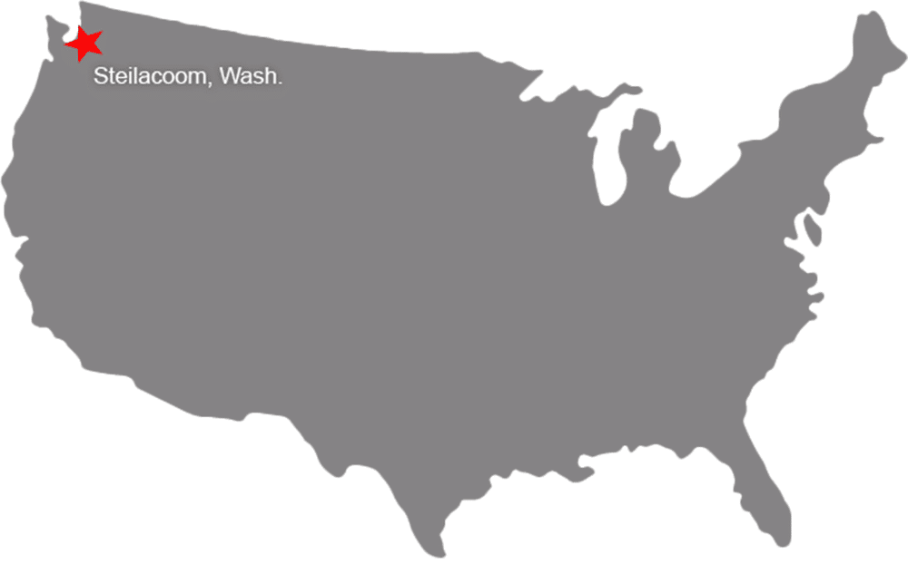 Outline of the United States of America with a red star where Steilacoom, Washington is located in the Pacific Northwest.