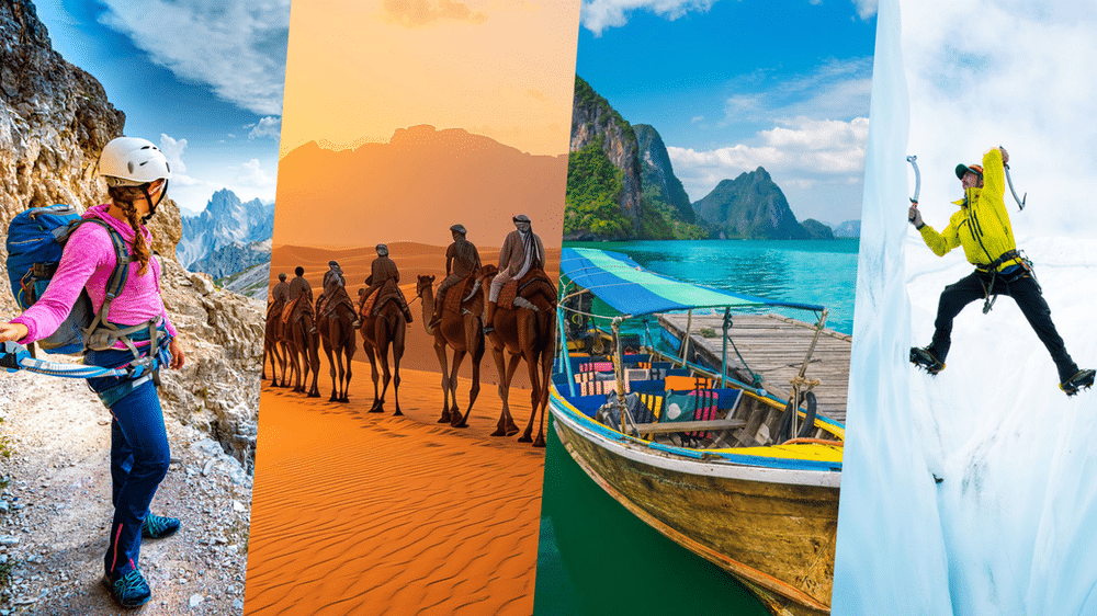 A collage of four outdoor, adventure activities including climbing, camel riding, boating, and ice climbing