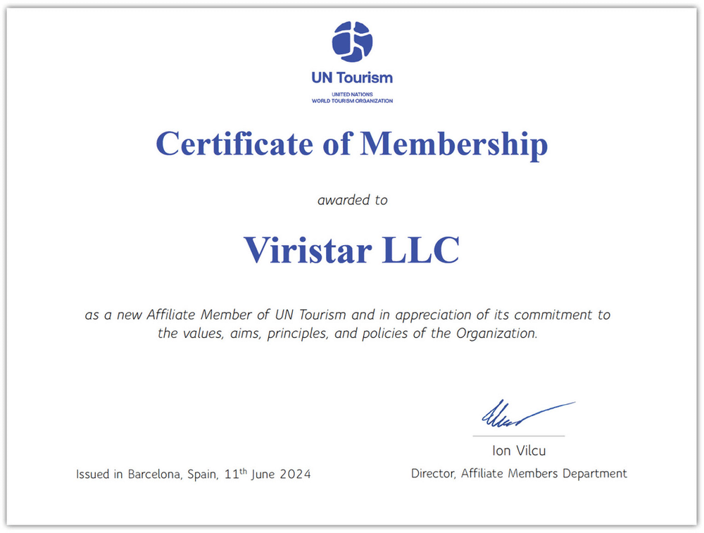 Viristar's Certificate of Membership with UN Tourism