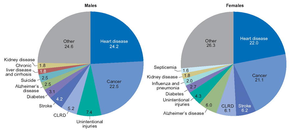 Percent distribution of 10 leading causes of death, USA (2016). From Centers for Disease Control.  Heart disease the leading cause. In terms of risk management from outdoor activities, sharks are not a major cause.