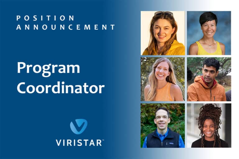 Position announcement graphic for a Program Coordinator role at Viristar. The image features a blue background with the text "Position Announcement" at the top and "Program Coordinator" in large, bold font. The Viristar logo is positioned below the text. On the right side, there are six profile photos of diverse individuals, each with a friendly and approachable expression.